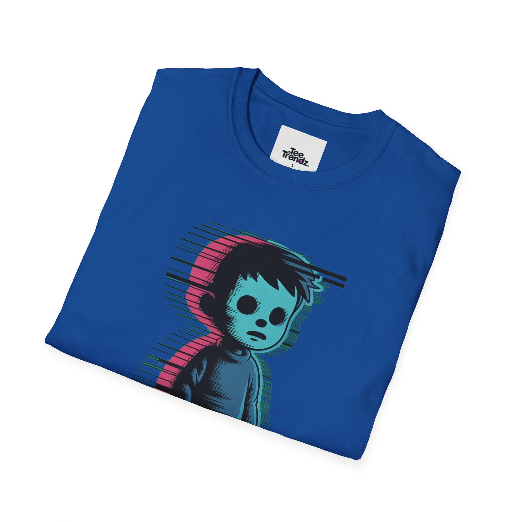 Glitch Kid Graphic T-Shirt — Retro Neon Horror Cute Tee