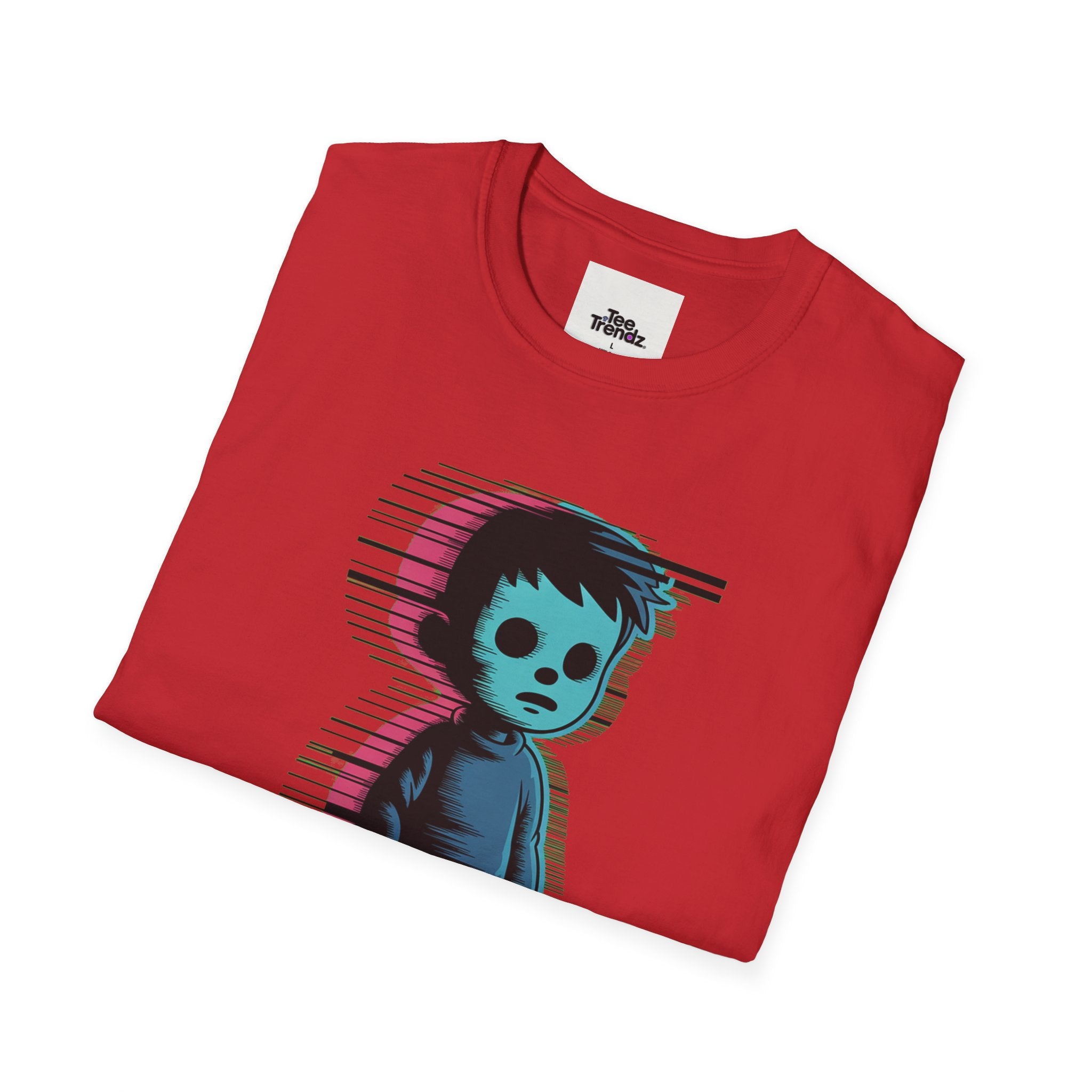 Glitch Kid Graphic T-Shirt — Retro Neon Horror Cute Tee
