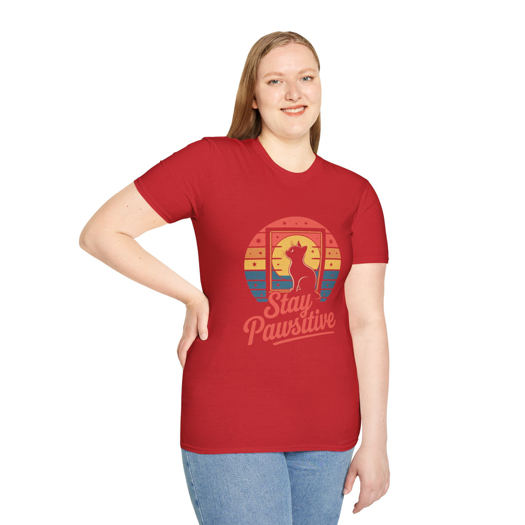 Stay Pawsitive Cat T-Shirt — Retro Rainbow Cat Graphic Tee