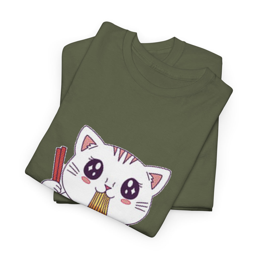 Cute Cat Ramen Tee – Kawaii Kitty Eating Noodles Graphic Shirt