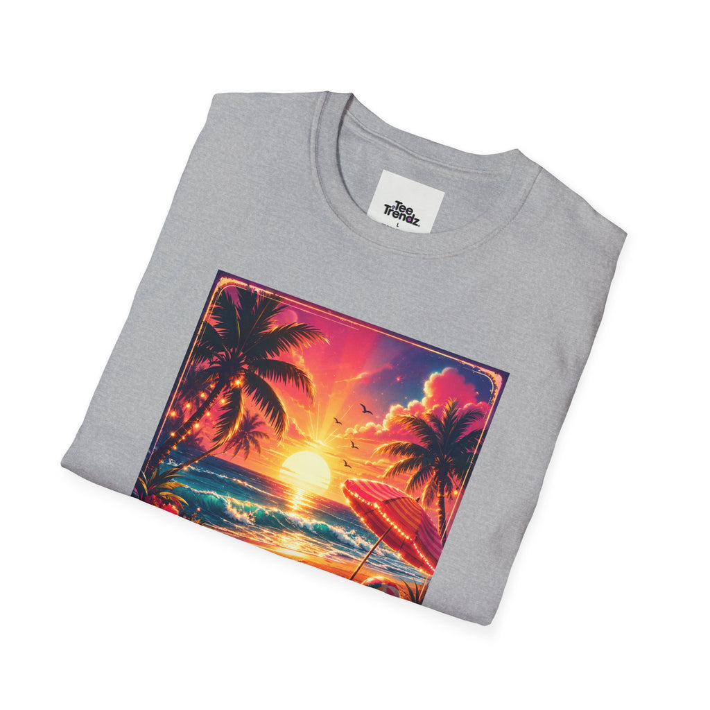Summer Never Ends T-Shirt — Retro Tropical Sunset Beach Tee