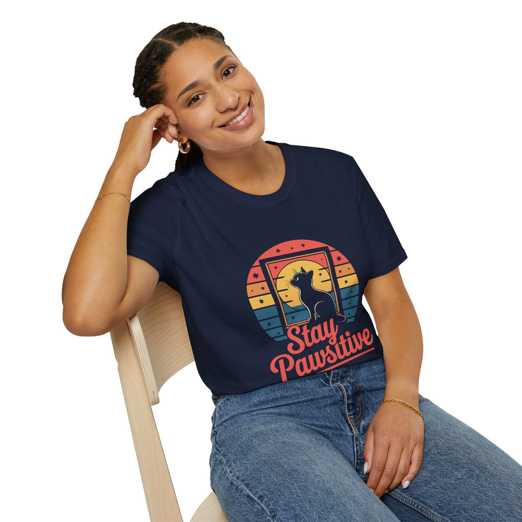 Stay Pawsitive Cat T-Shirt — Retro Rainbow Cat Graphic Tee