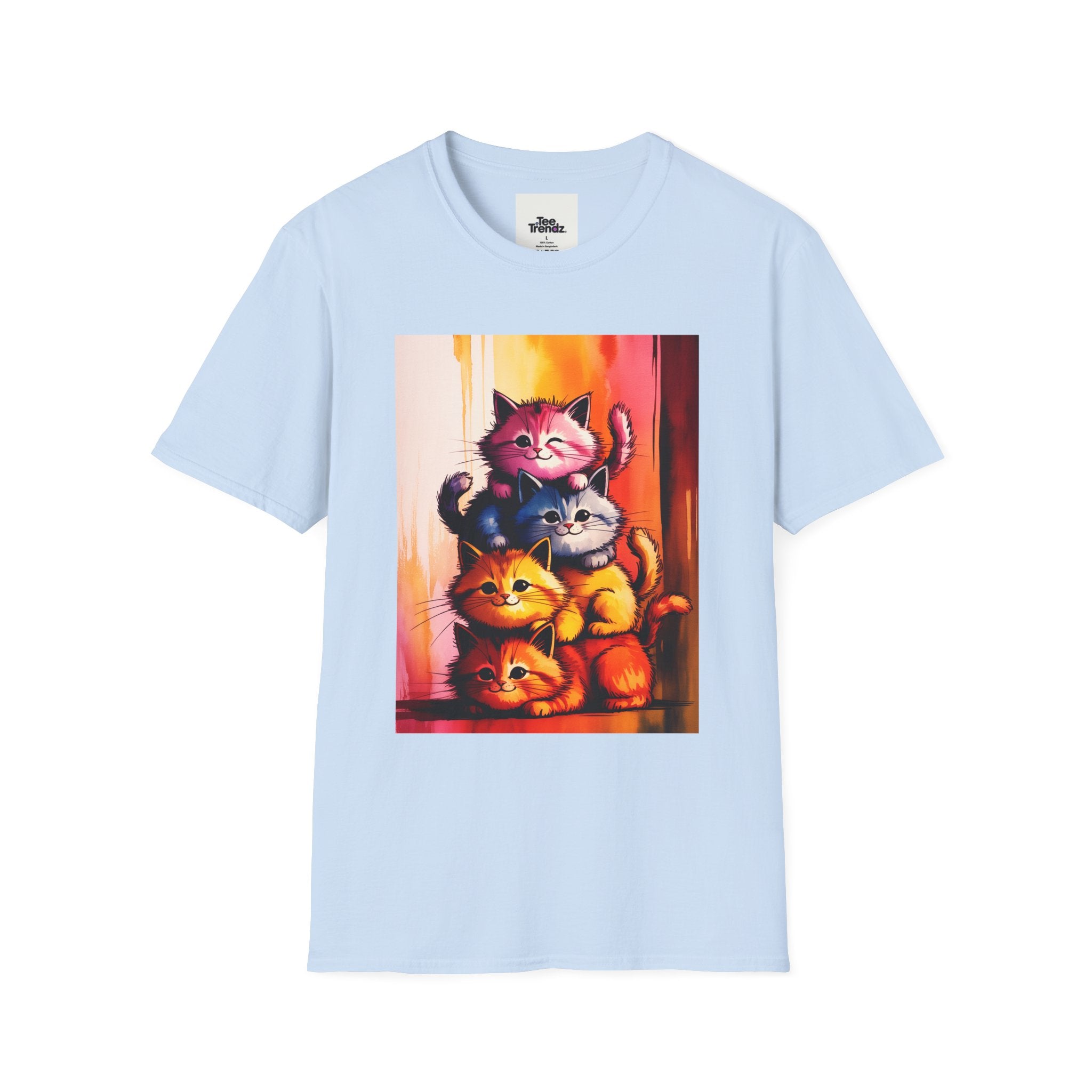 Colorful Stacked Cats T-Shirt — Playful Cute Cat Art Tee
