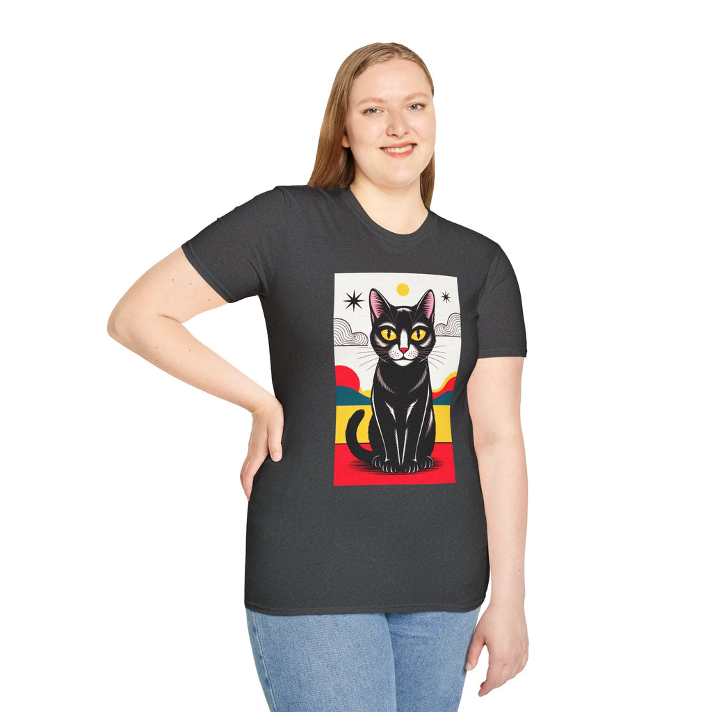 Black Cat Graphic T-Shirt — Retro Sunset Cat Illustration