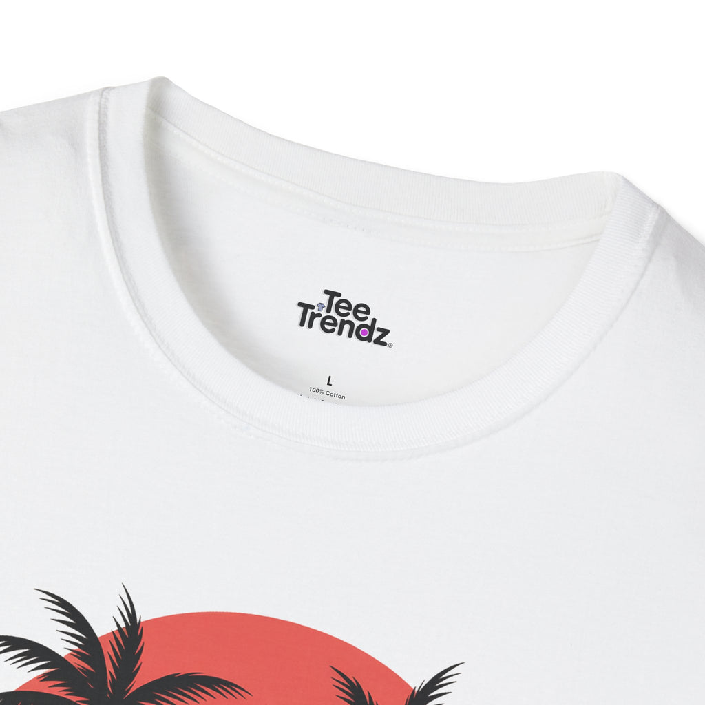 Beach Sunset T-Shirt — Couples Silhouette Palm Tree Graphic Tee (Vintage Rainbow Stripes)