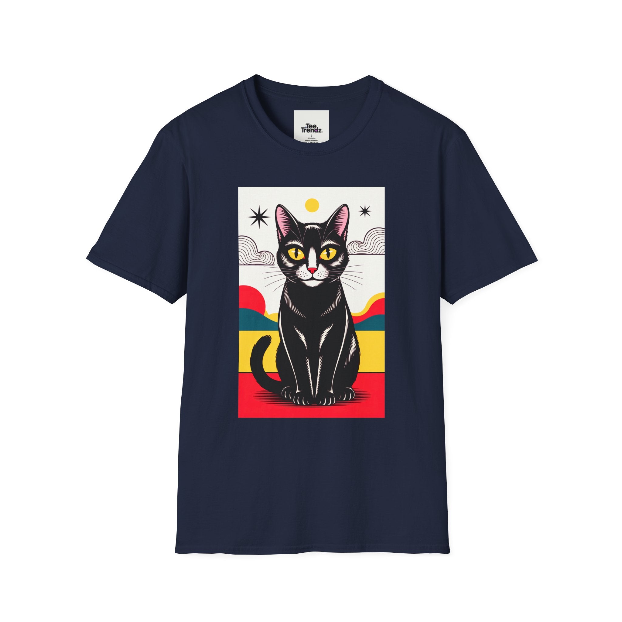 Black Cat Graphic T-Shirt — Retro Sunset Cat Illustration