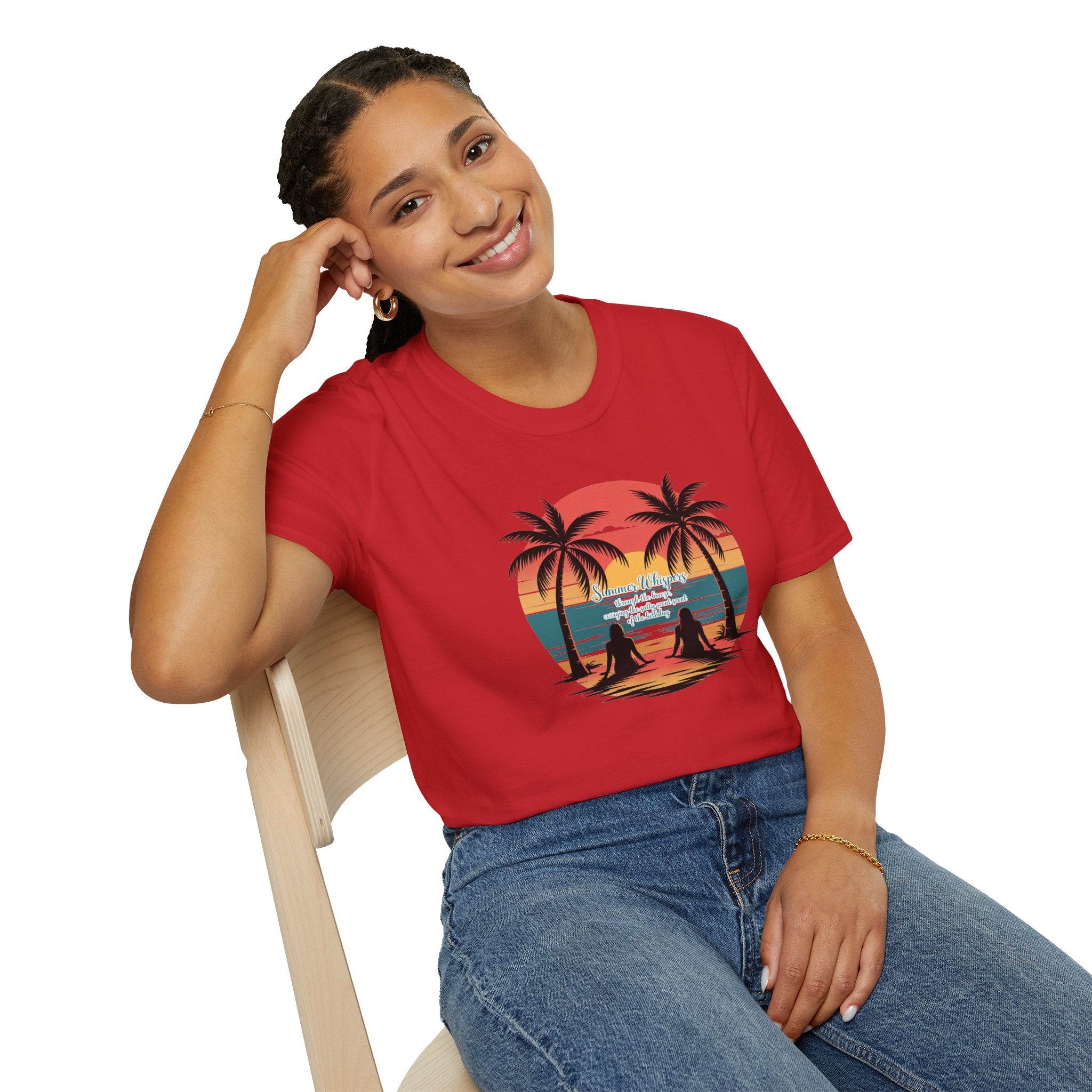 Beach Sunset T-Shirt — Couples Silhouette Palm Tree Graphic Tee (Vintage Rainbow Stripes)