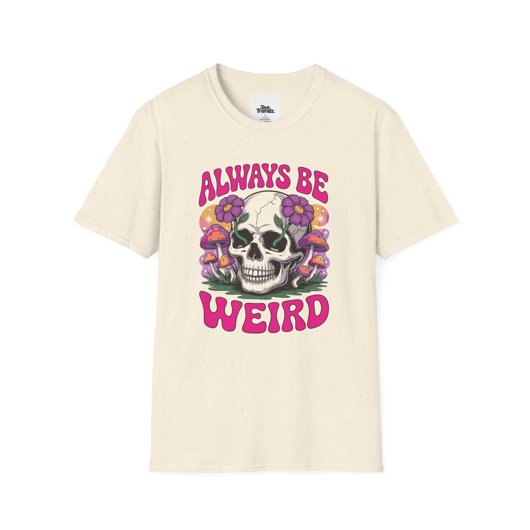 Skull & Mushrooms T-Shirt — "Always Be Weird" Retro Graphic Tee