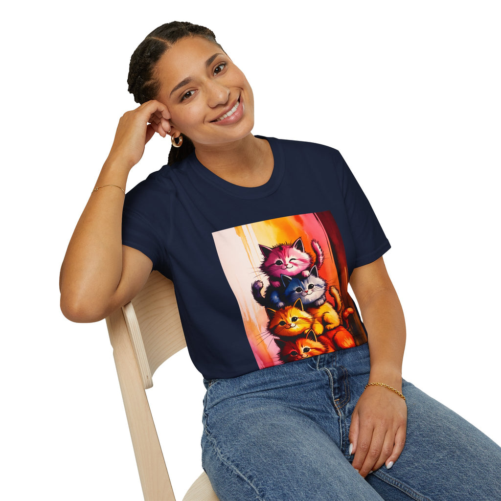 Colorful Stacked Cats T-Shirt — Playful Cute Cat Art Tee