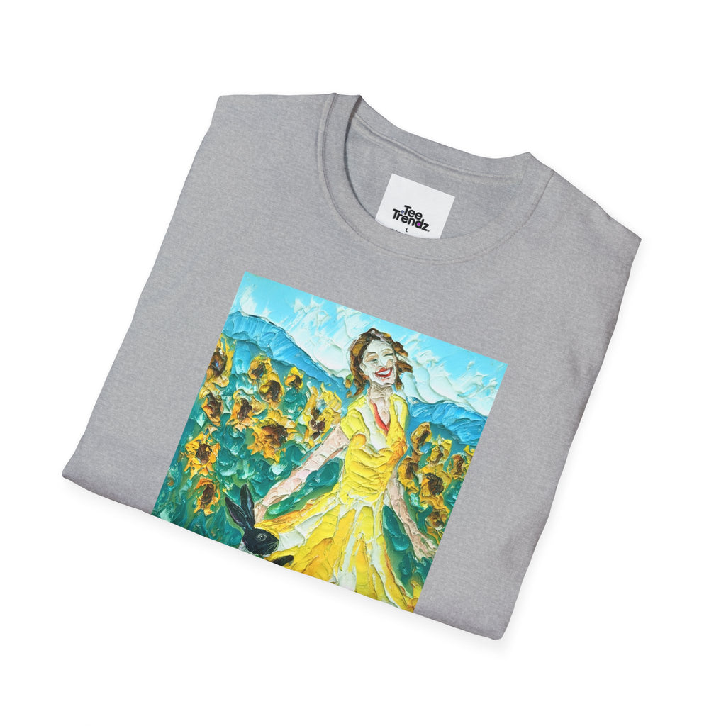 Sunflower Field Dress T-Shirt — Whimsical Girl & Dog Art Tee