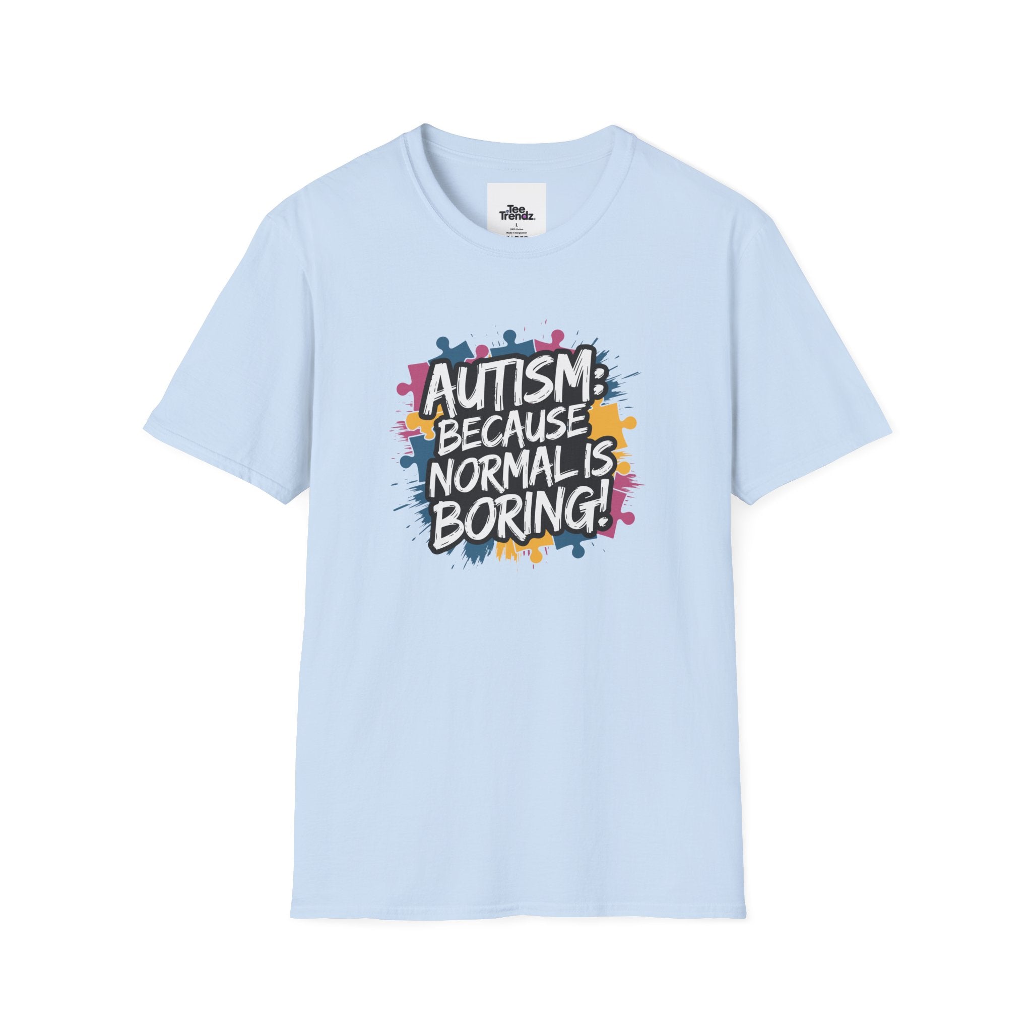 Autism Because Normal Is Boring T-Shirt — Colorful Puzzle Piece Awareness Tee