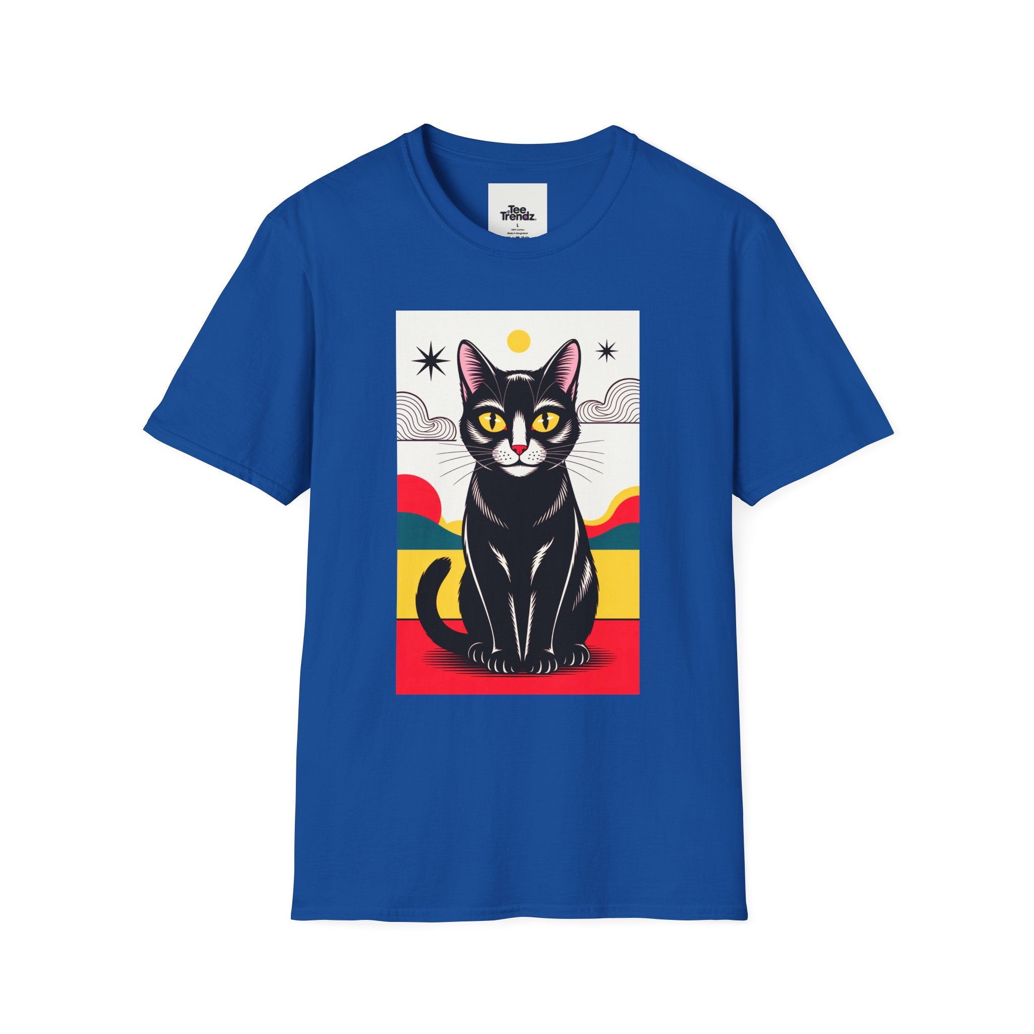 Black Cat Graphic T-Shirt — Retro Sunset Cat Illustration