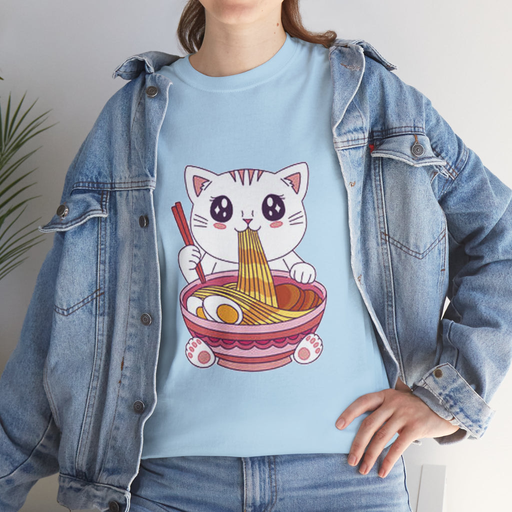 Cute Cat Ramen Tee – Kawaii Kitty Eating Noodles Graphic Shirt