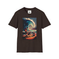 T-Shirt - Retro Beach Surf Scene with Giant Wave and Relaxing Skeleton (Vintage Coastal Vibe)