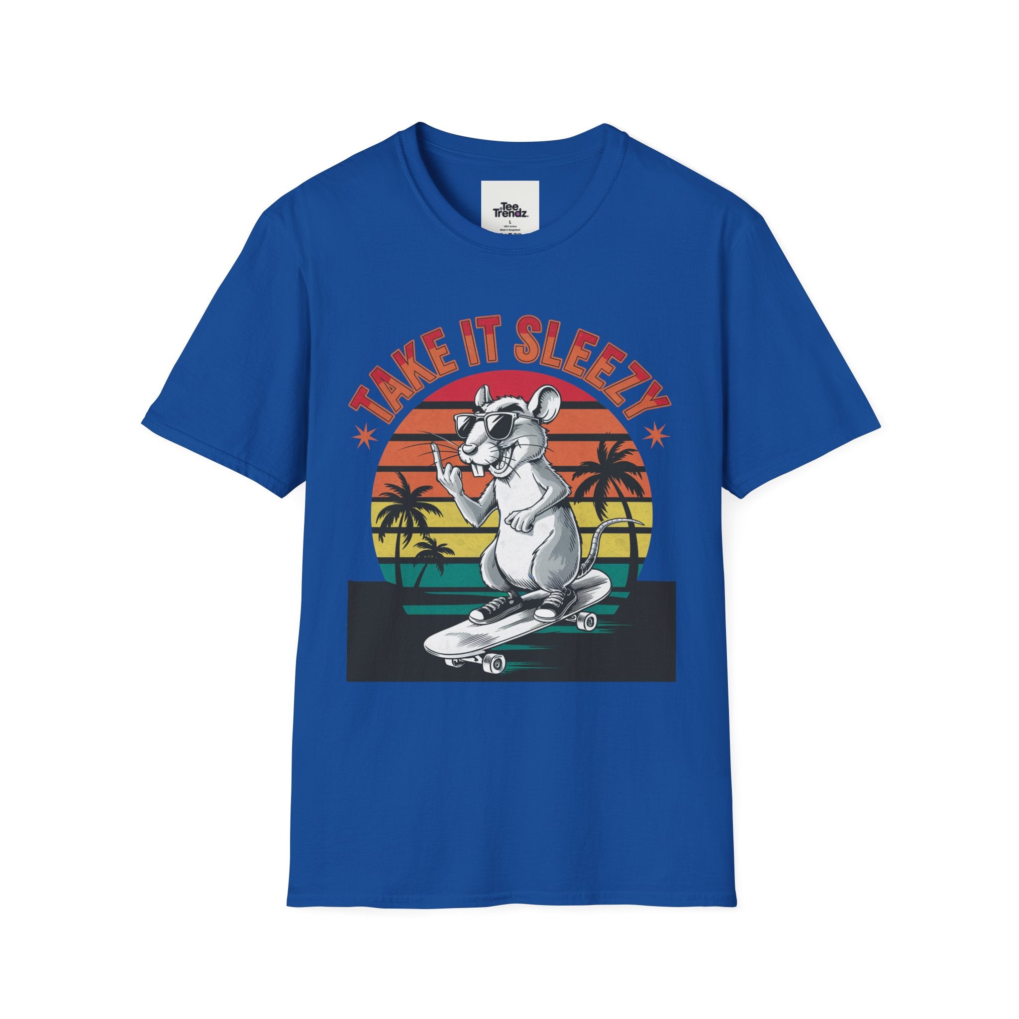 Take It Sleazy Skateboard Rat T-Shirt — Retro Sunset Beach Graphic Tee
