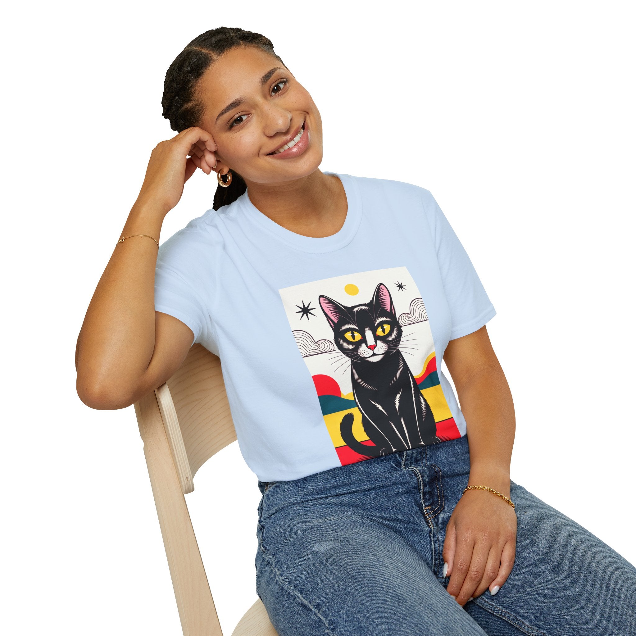 Black Cat Graphic T-Shirt — Retro Sunset Cat Illustration