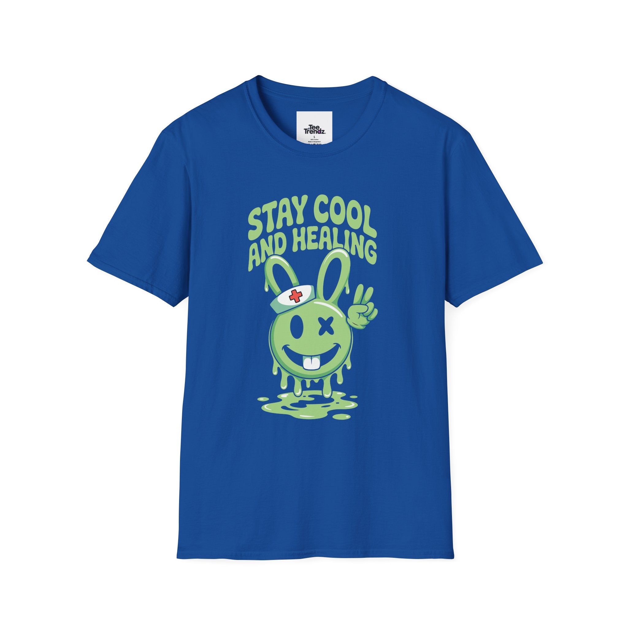Stay Cool and Healing Graphic T-Shirt — Cute Green Bunny Peace Tee