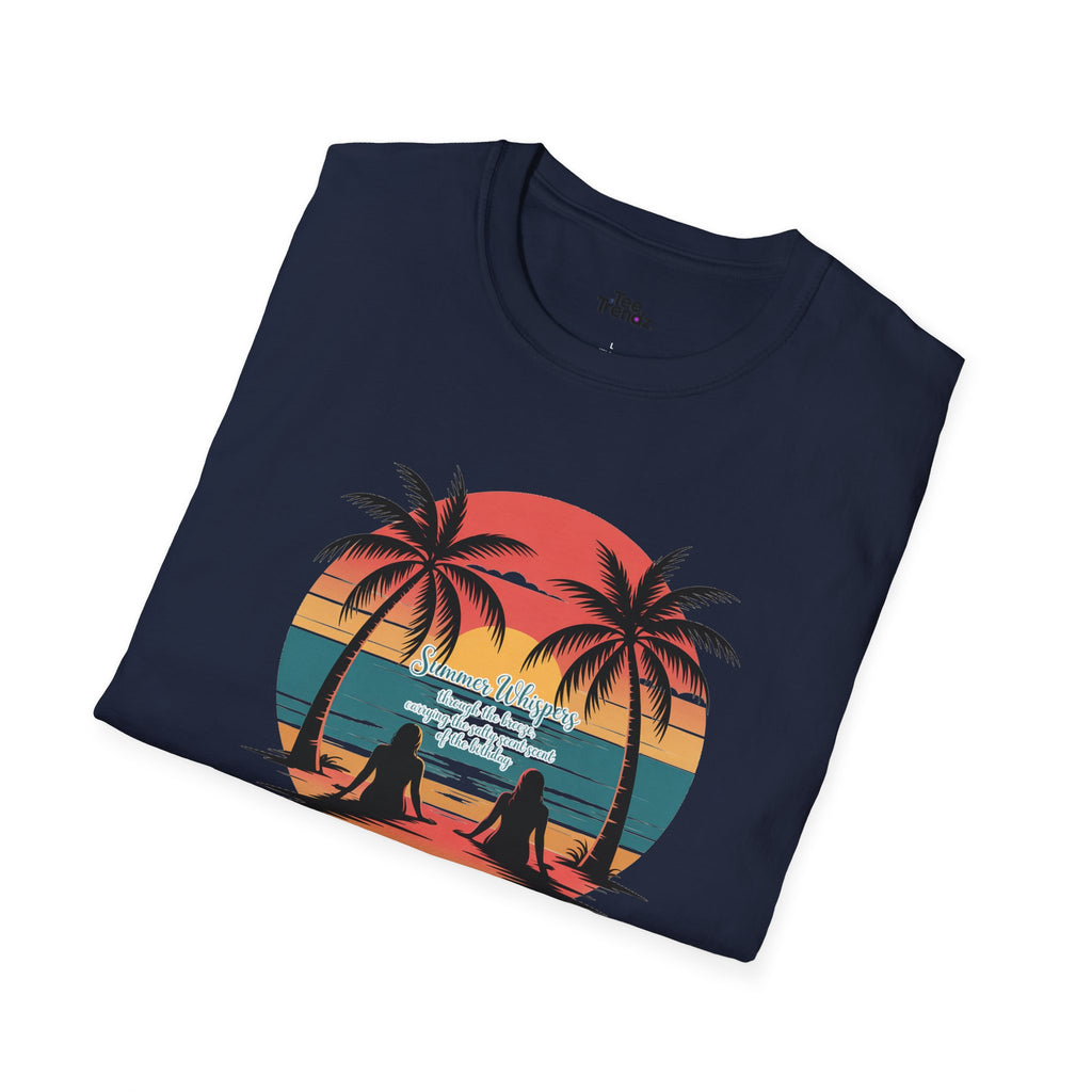 Beach Sunset T-Shirt — Couples Silhouette Palm Tree Graphic Tee (Vintage Rainbow Stripes)