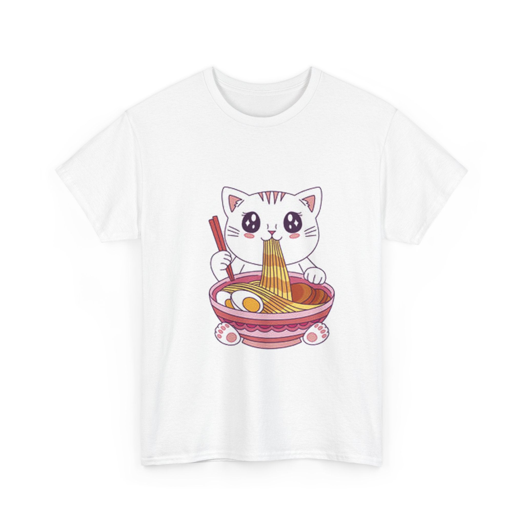 Cute Cat Ramen Tee – Kawaii Kitty Eating Noodles Graphic Shirt