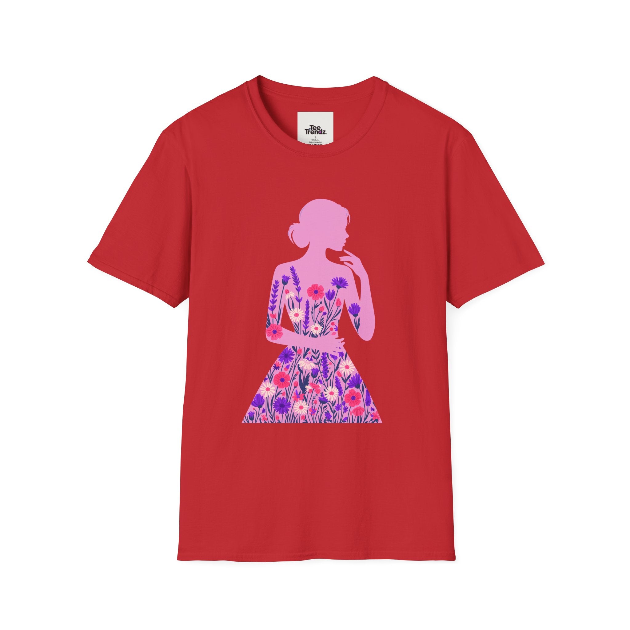 Floral Silhouette Tee — Pink Woman Dress Flower Graphic T-Shirt