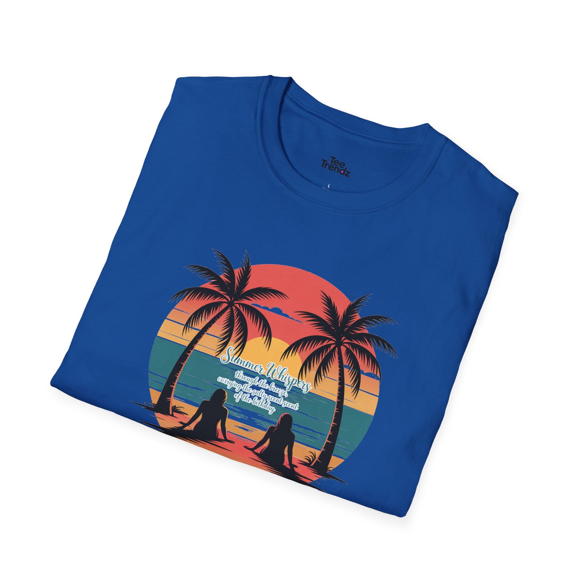 Beach Sunset T-Shirt — Couples Silhouette Palm Tree Graphic Tee (Vintage Rainbow Stripes)