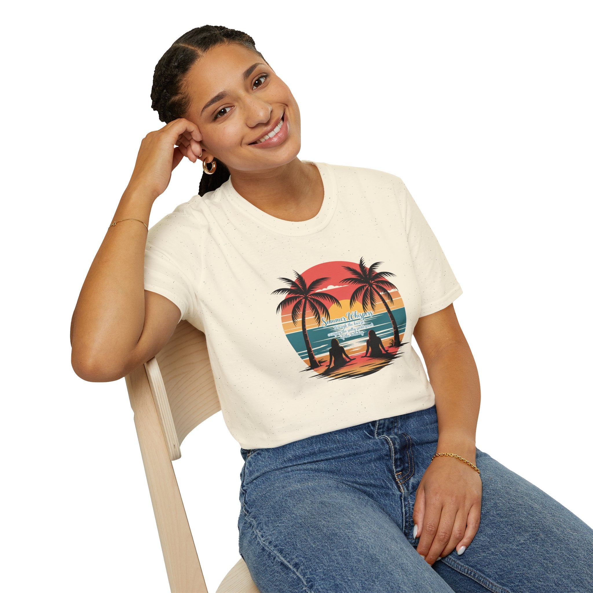 Beach Sunset T-Shirt — Couples Silhouette Palm Tree Graphic Tee (Vintage Rainbow Stripes)