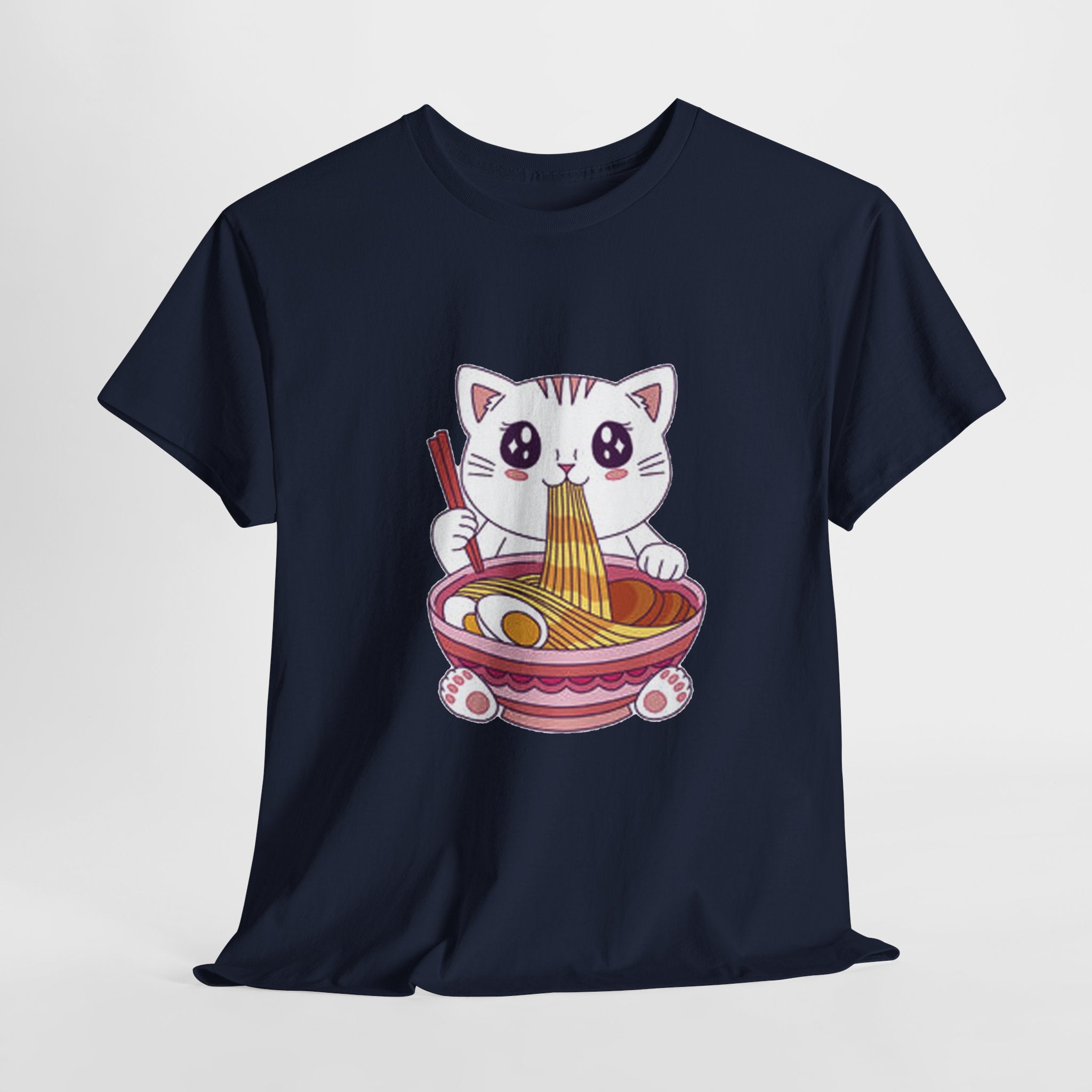 Cute Cat Ramen Tee – Kawaii Kitty Eating Noodles Graphic Shirt