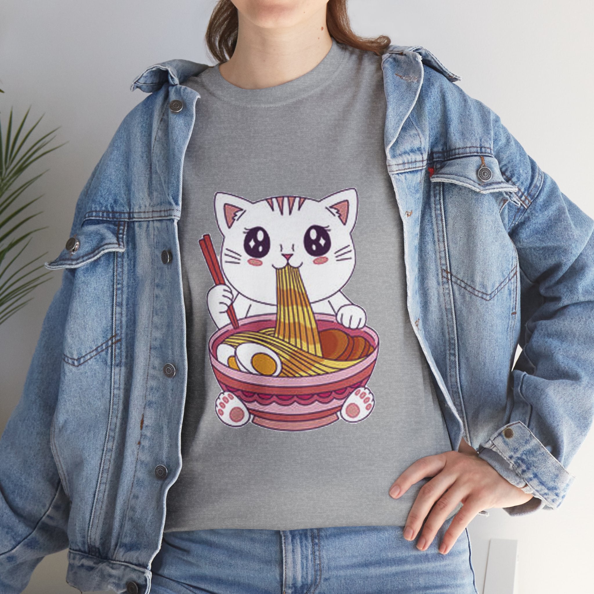 Cute Cat Ramen Tee – Kawaii Kitty Eating Noodles Graphic Shirt