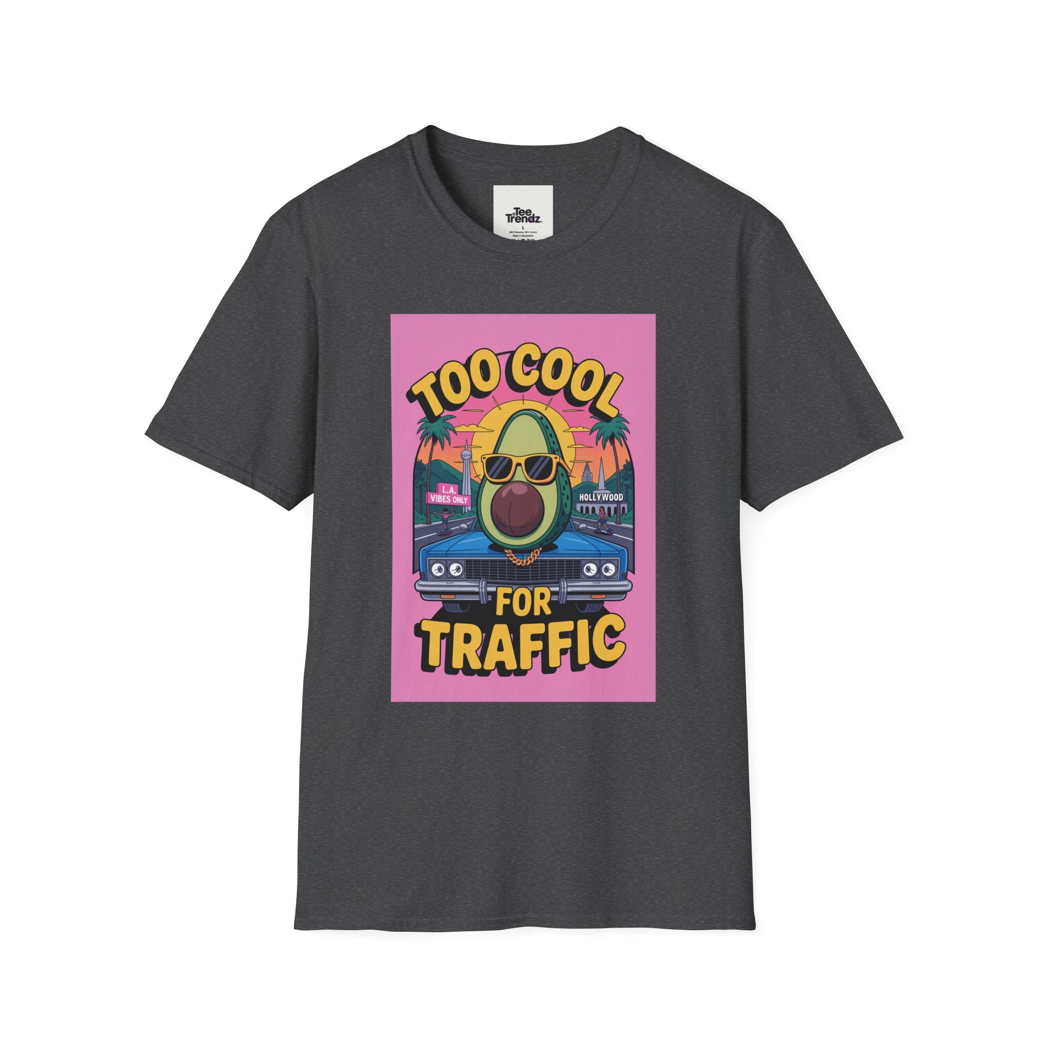 Too Cool for Traffic Avocado Tee — Retro Beach Car Graphic T-Shirt