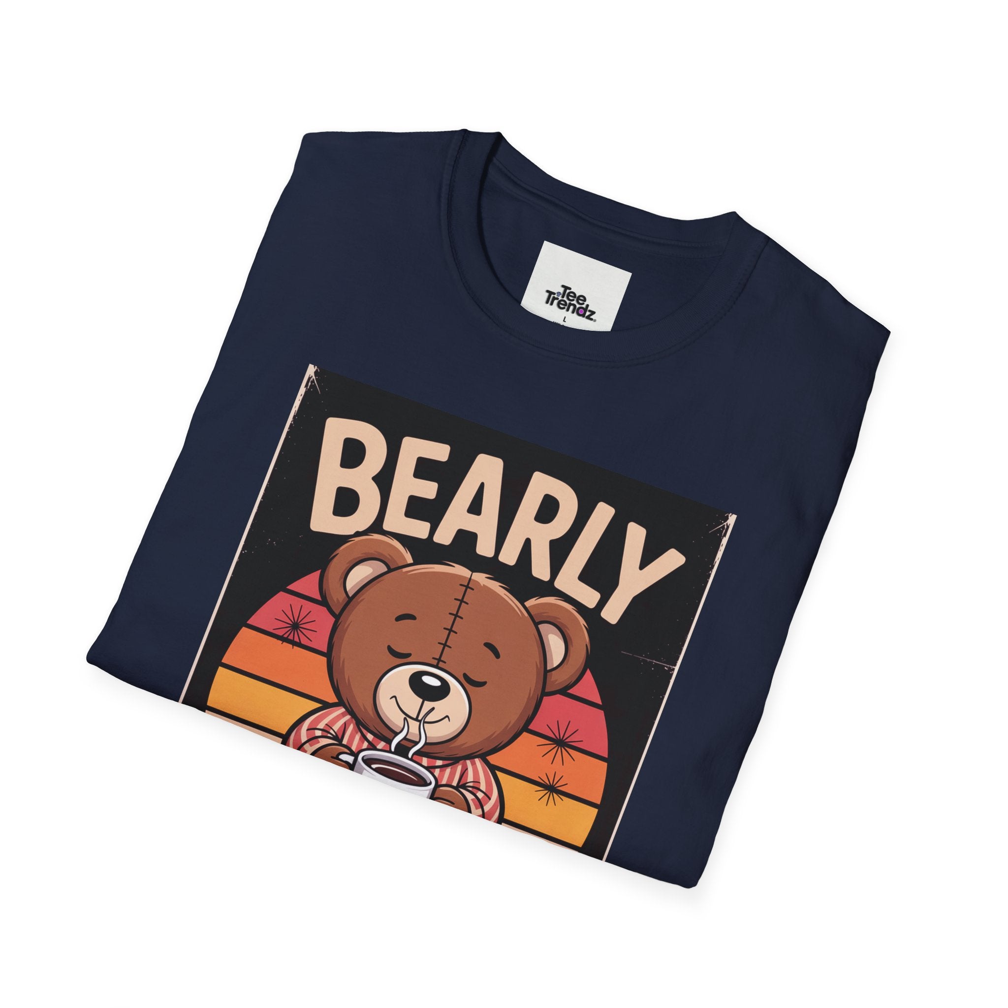 Bearly Awake T‑Shirt — Cute Coffee Bear Vintage Sunset Tee