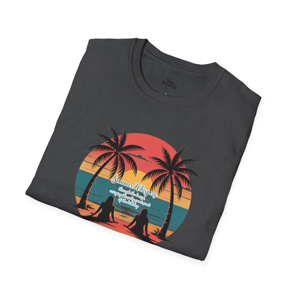 Beach Sunset T-Shirt — Couples Silhouette Palm Tree Graphic Tee (Vintage Rainbow Stripes)