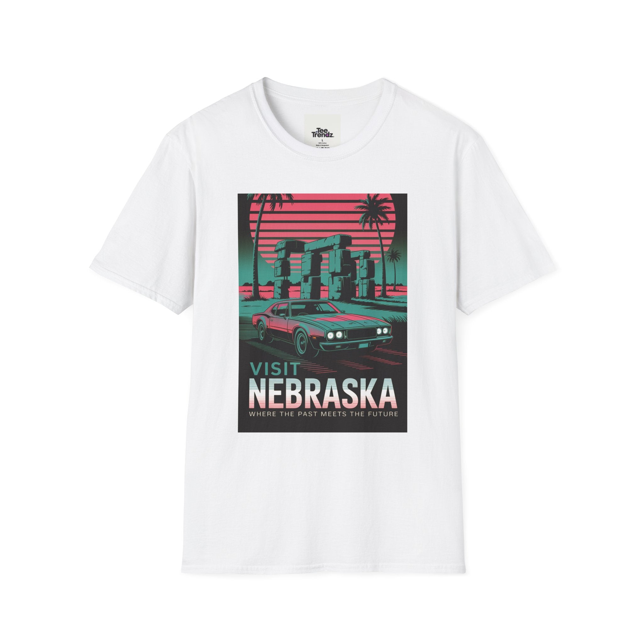 Visit Nebraska Retro T-Shirt — Neon Vintage Roadtrip Poster Design