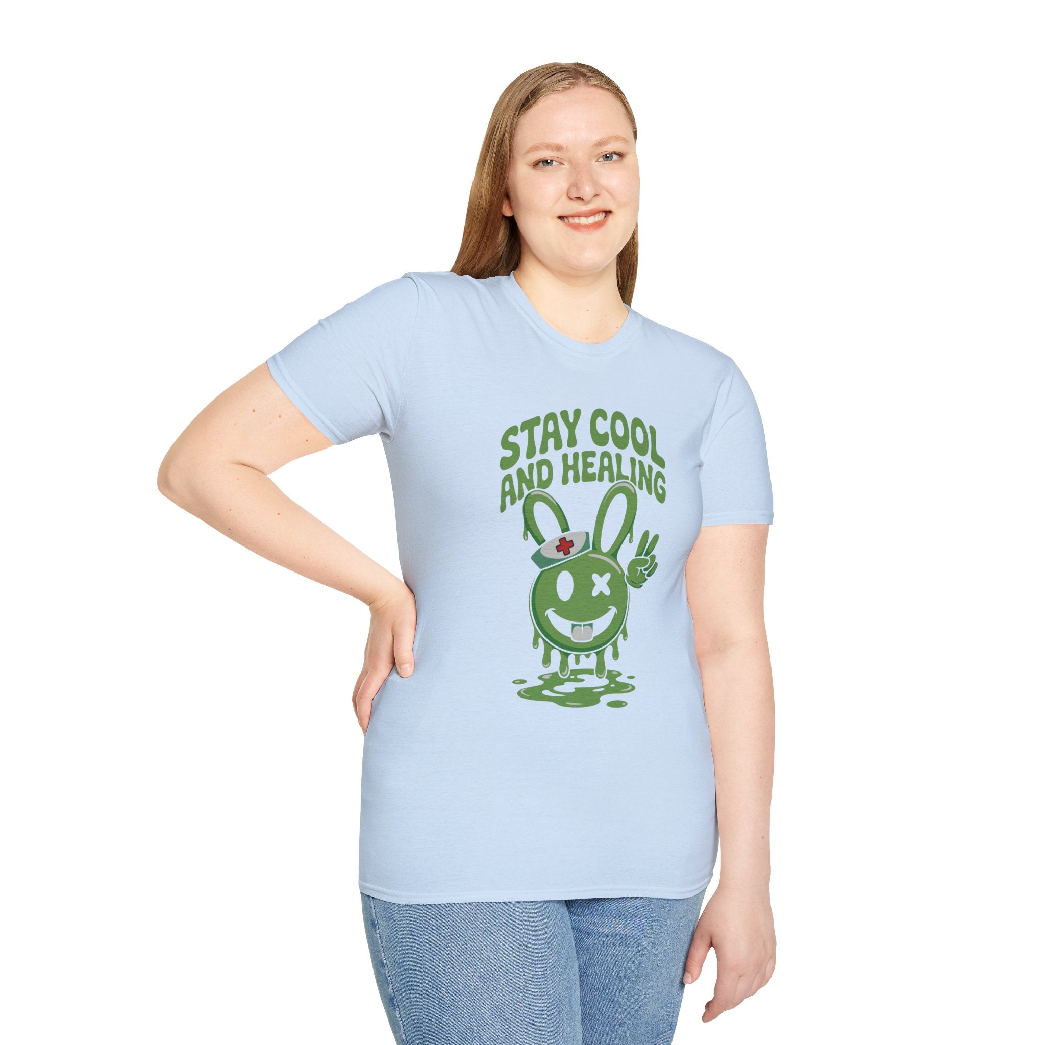 Stay Cool and Healing Graphic T-Shirt — Cute Green Bunny Peace Tee