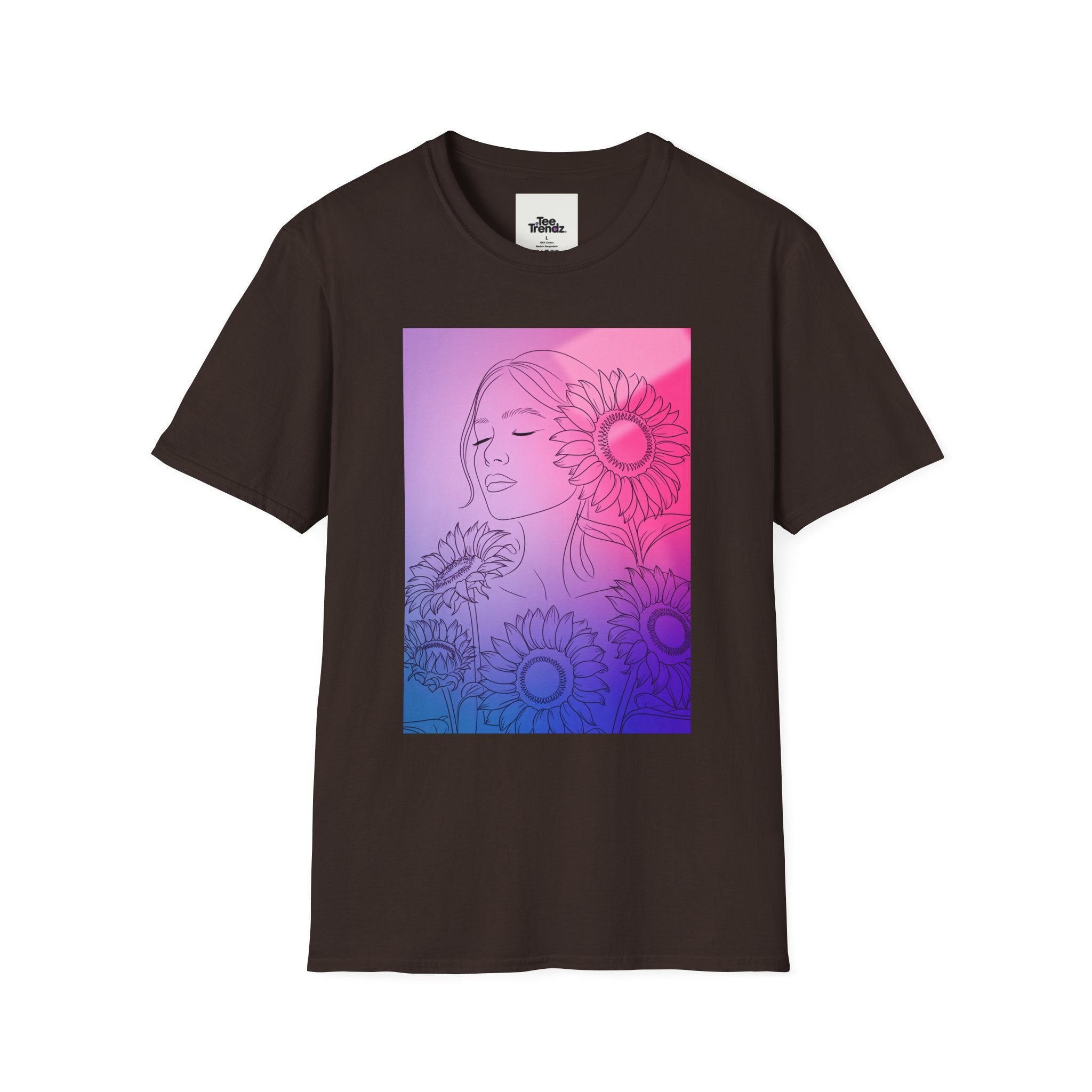 Floral Muse Tee — Pink to Blue Gradient Sunflower Portrait T-Shirt
