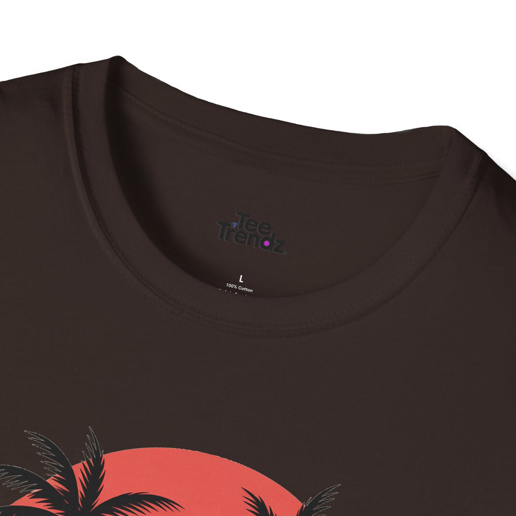 Beach Sunset T-Shirt — Couples Silhouette Palm Tree Graphic Tee (Vintage Rainbow Stripes)