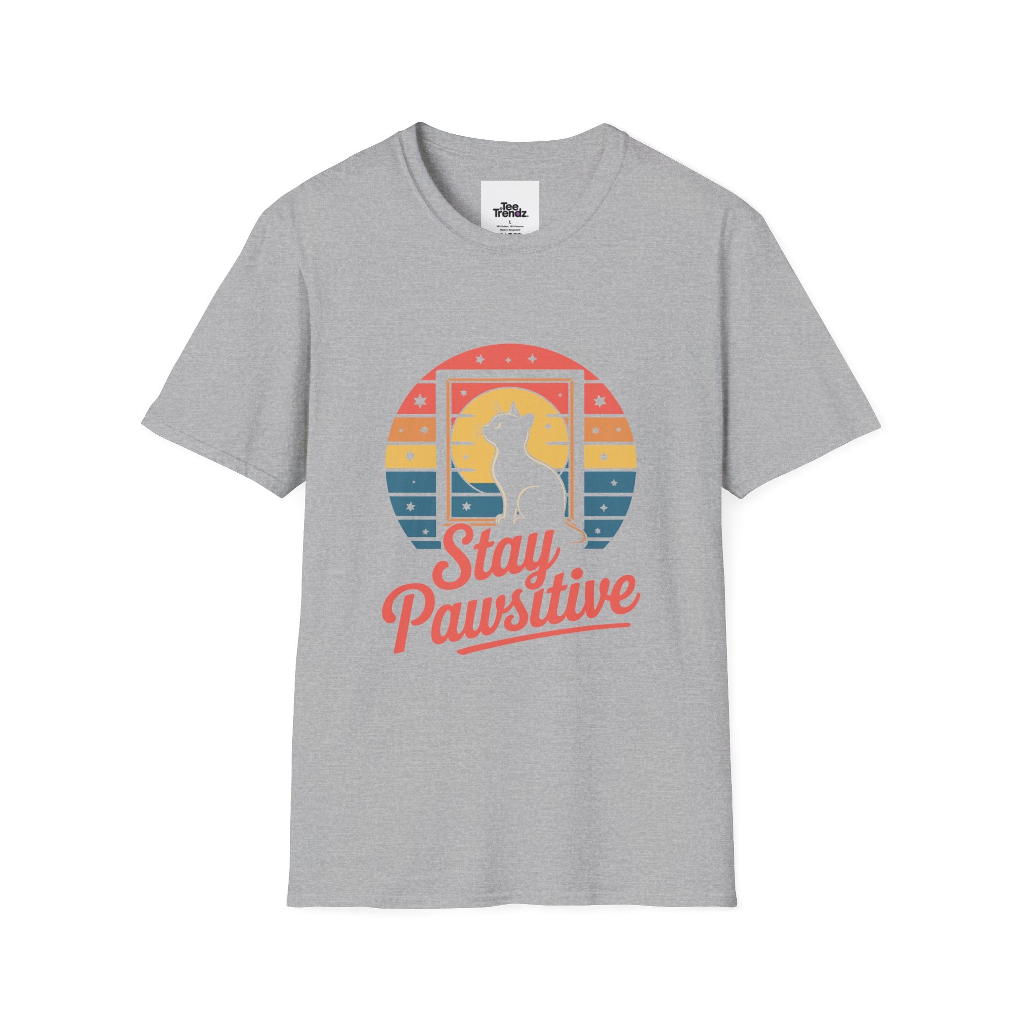 Stay Pawsitive Cat T-Shirt — Retro Rainbow Cat Graphic Tee