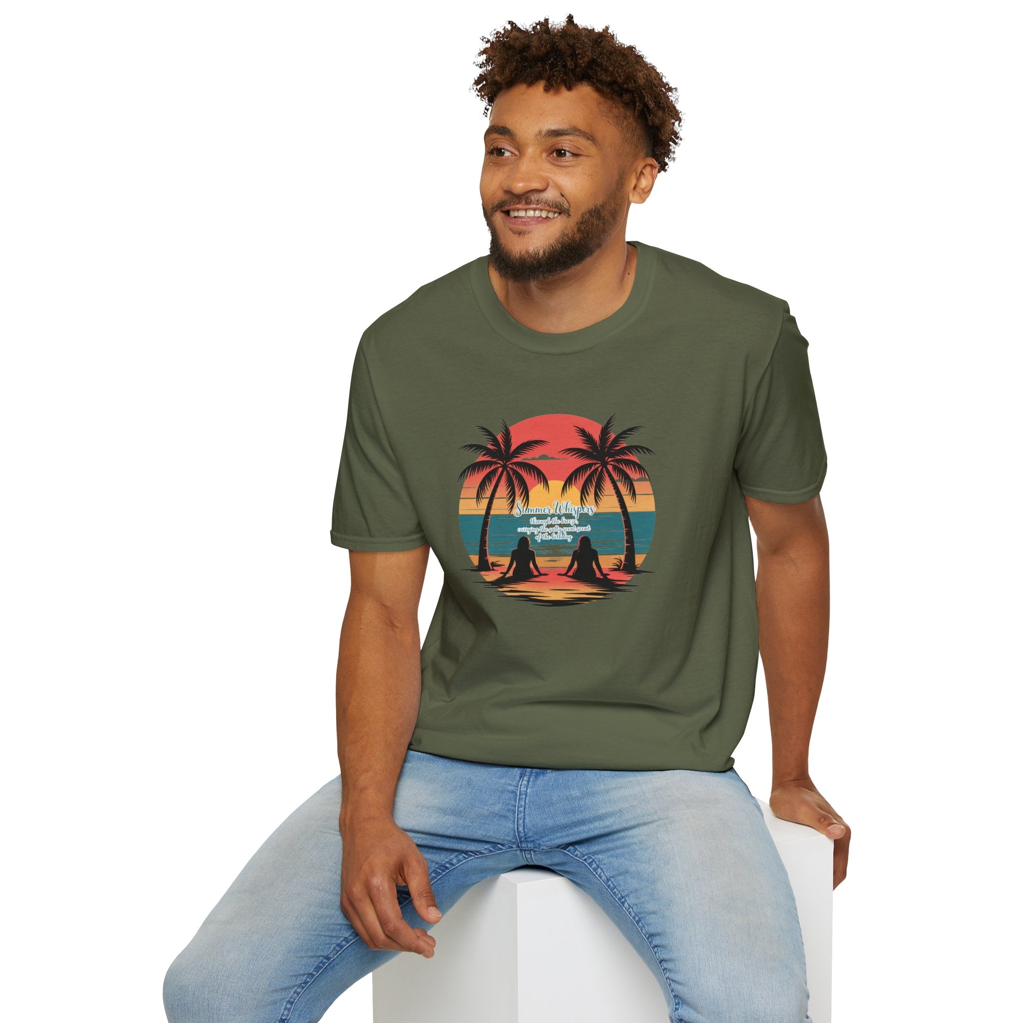 Beach Sunset T-Shirt — Couples Silhouette Palm Tree Graphic Tee (Vintage Rainbow Stripes)