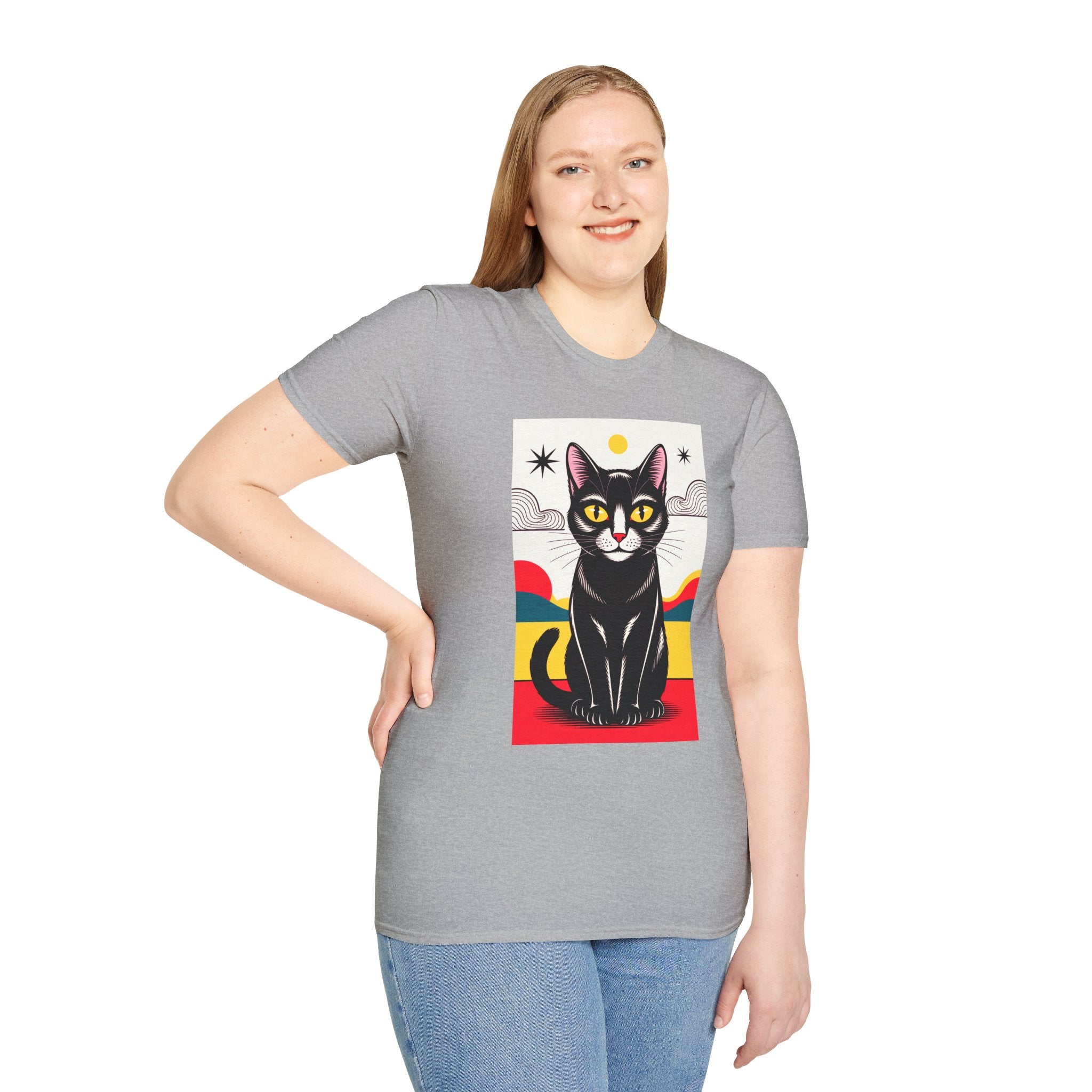 Black Cat Graphic T-Shirt — Retro Sunset Cat Illustration