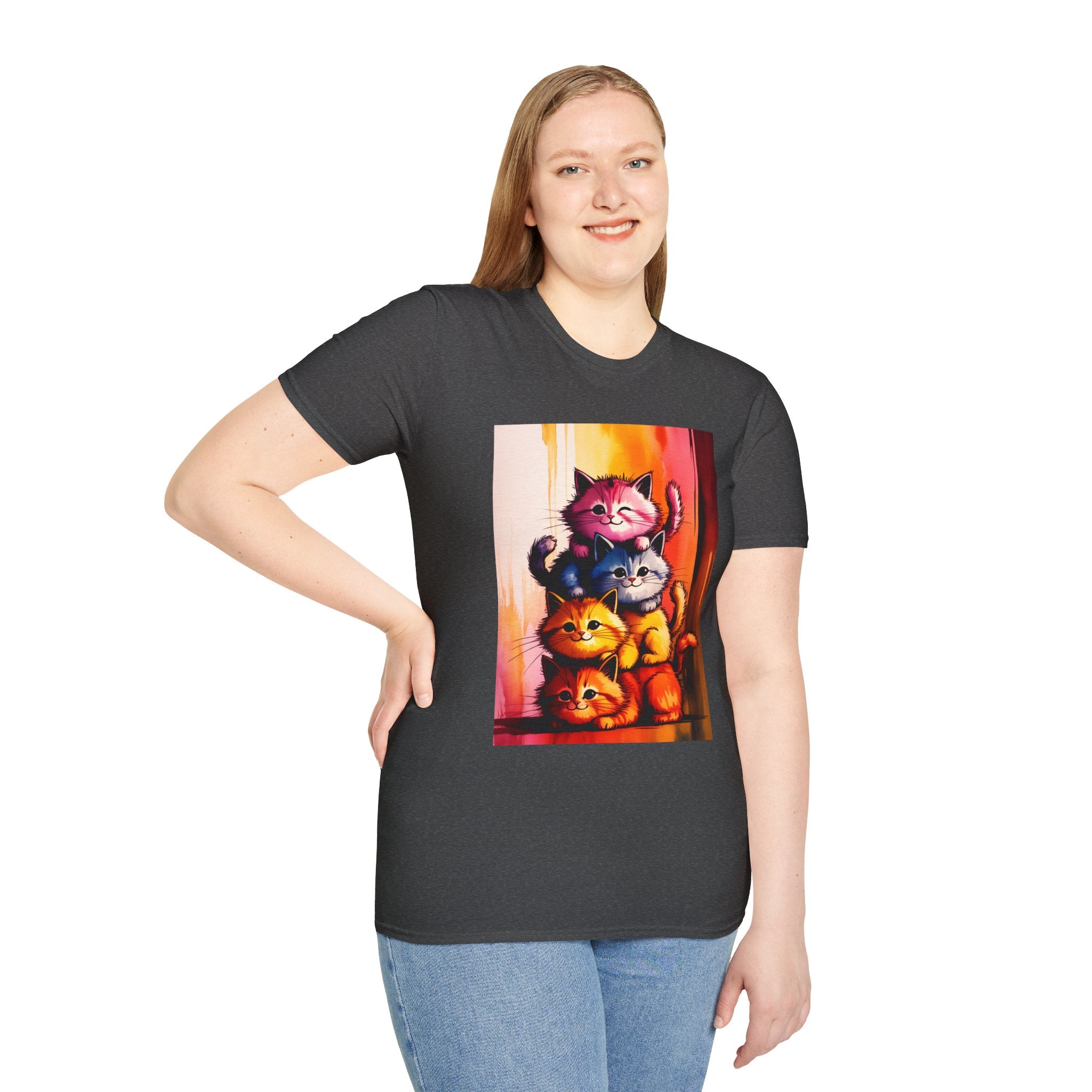 Colorful Stacked Cats T-Shirt — Playful Cute Cat Art Tee