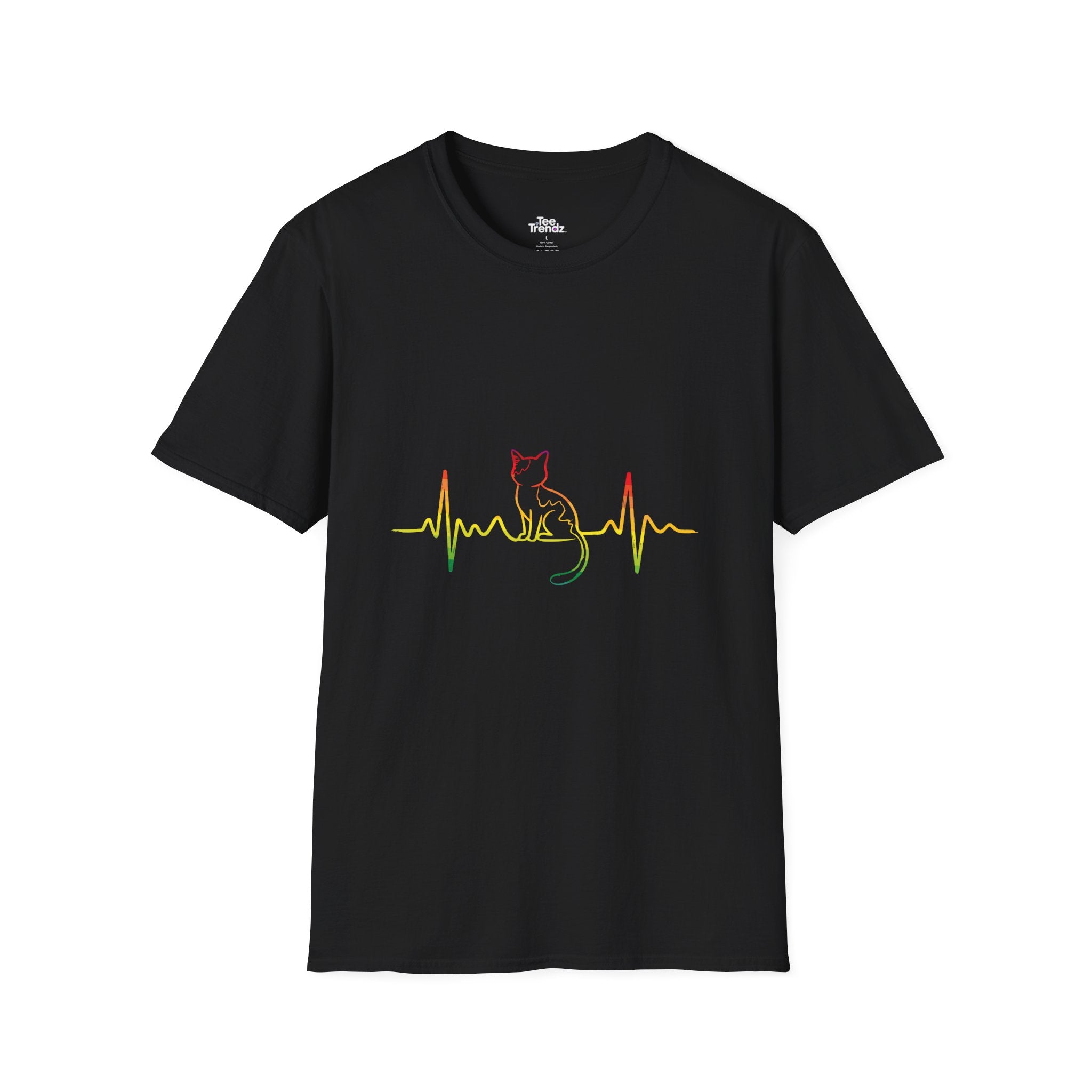 Cat Heartbeat T-Shirt — Rasta Outline Cat EKG Tee