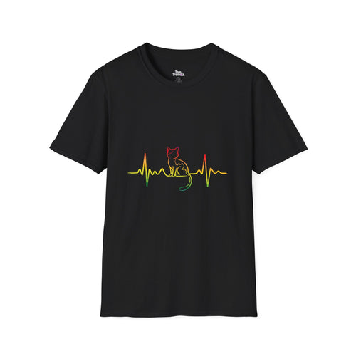 Cat Heartbeat T-Shirt — Rasta Outline Cat EKG Tee