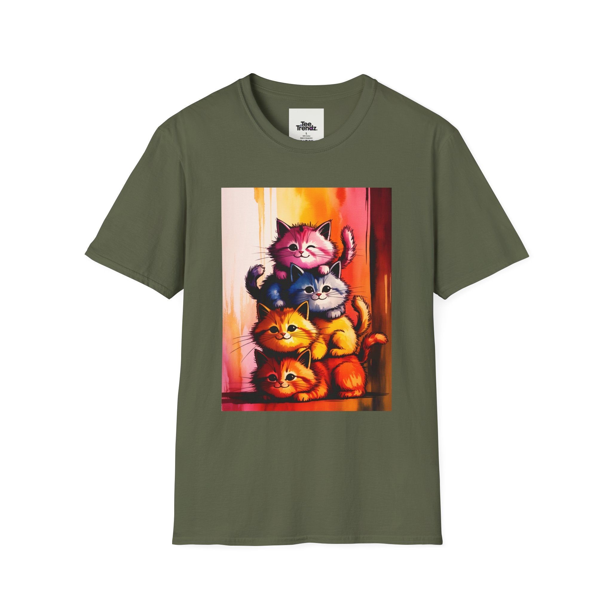 Colorful Stacked Cats T-Shirt — Playful Cute Cat Art Tee
