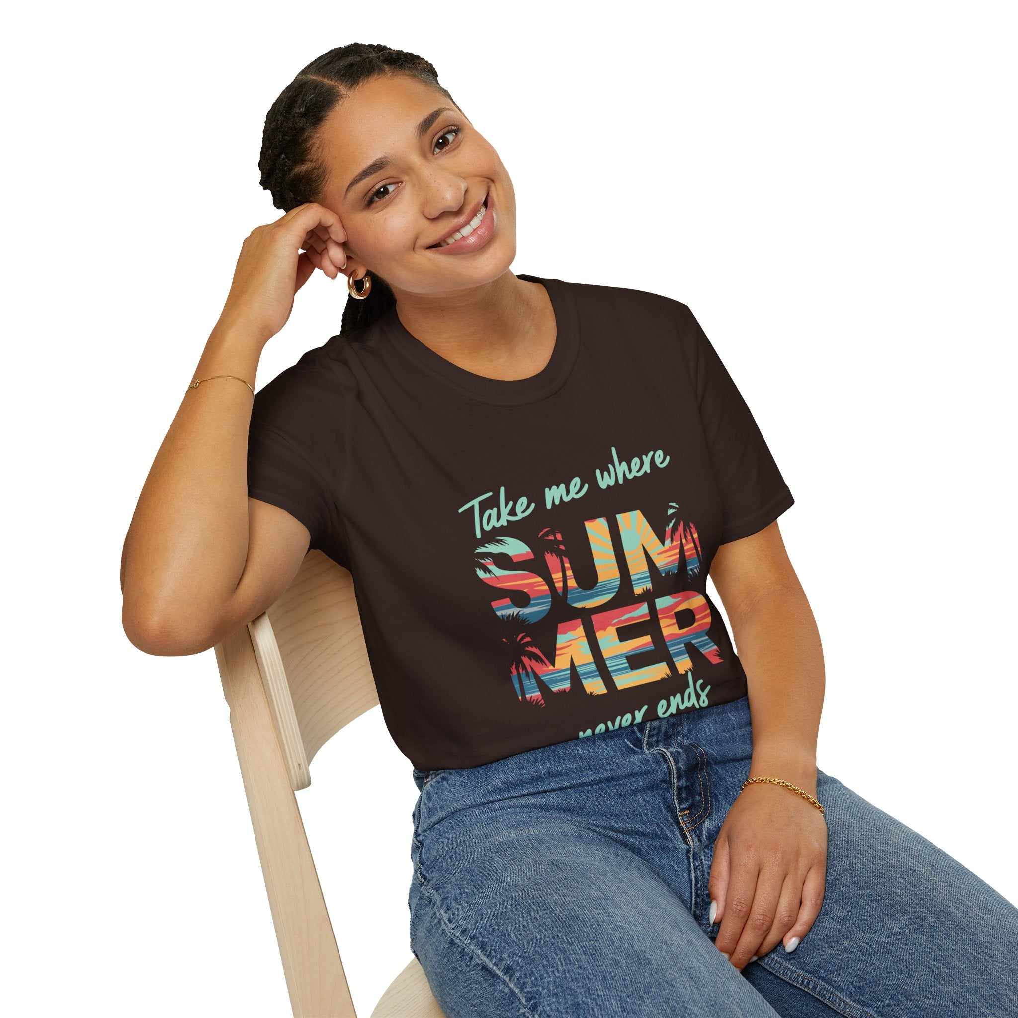 Summer Never Ends T-Shirt — "Take Me Where Summer Never Ends" Beach Vibes Tee