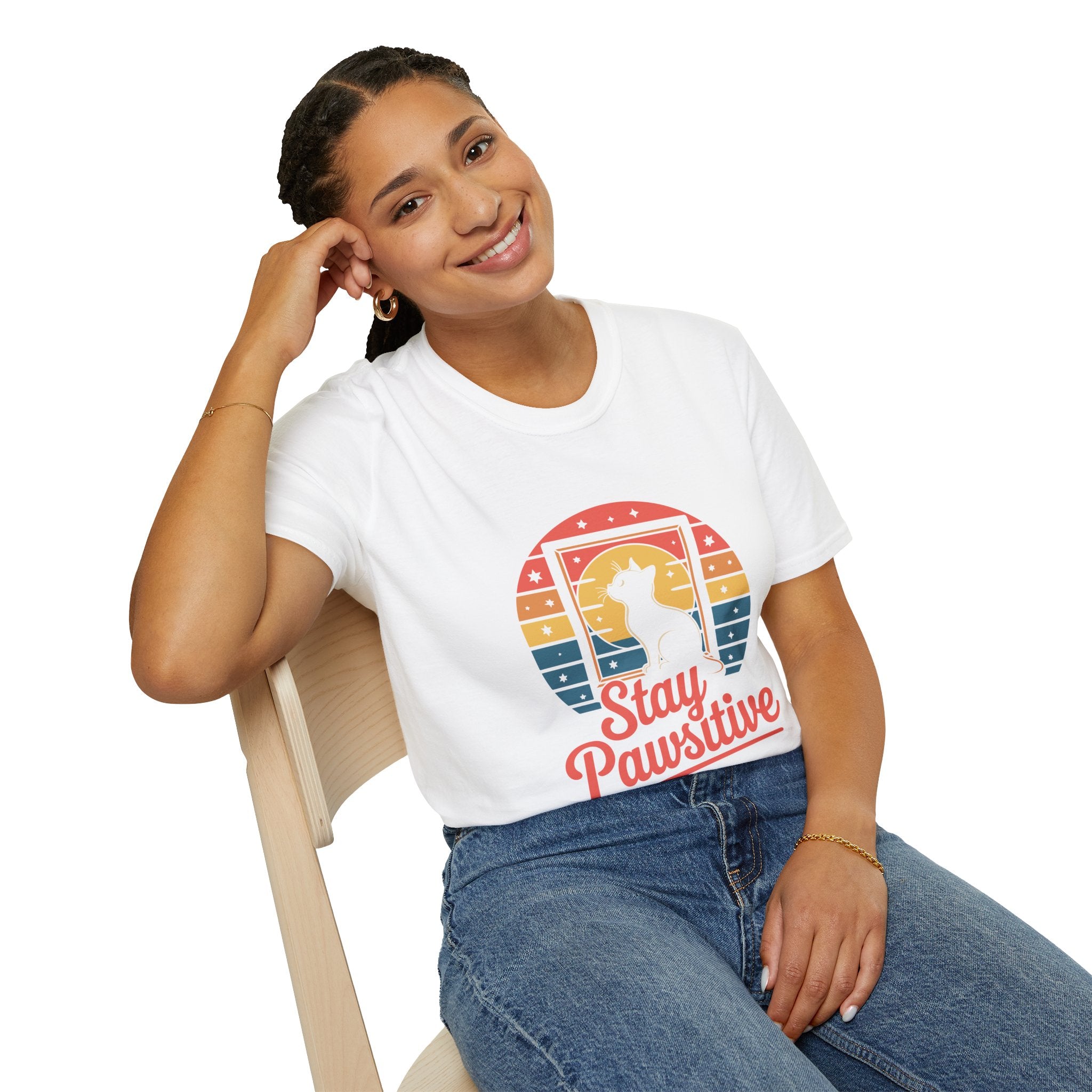 Stay Pawsitive Cat T-Shirt — Retro Rainbow Cat Graphic Tee