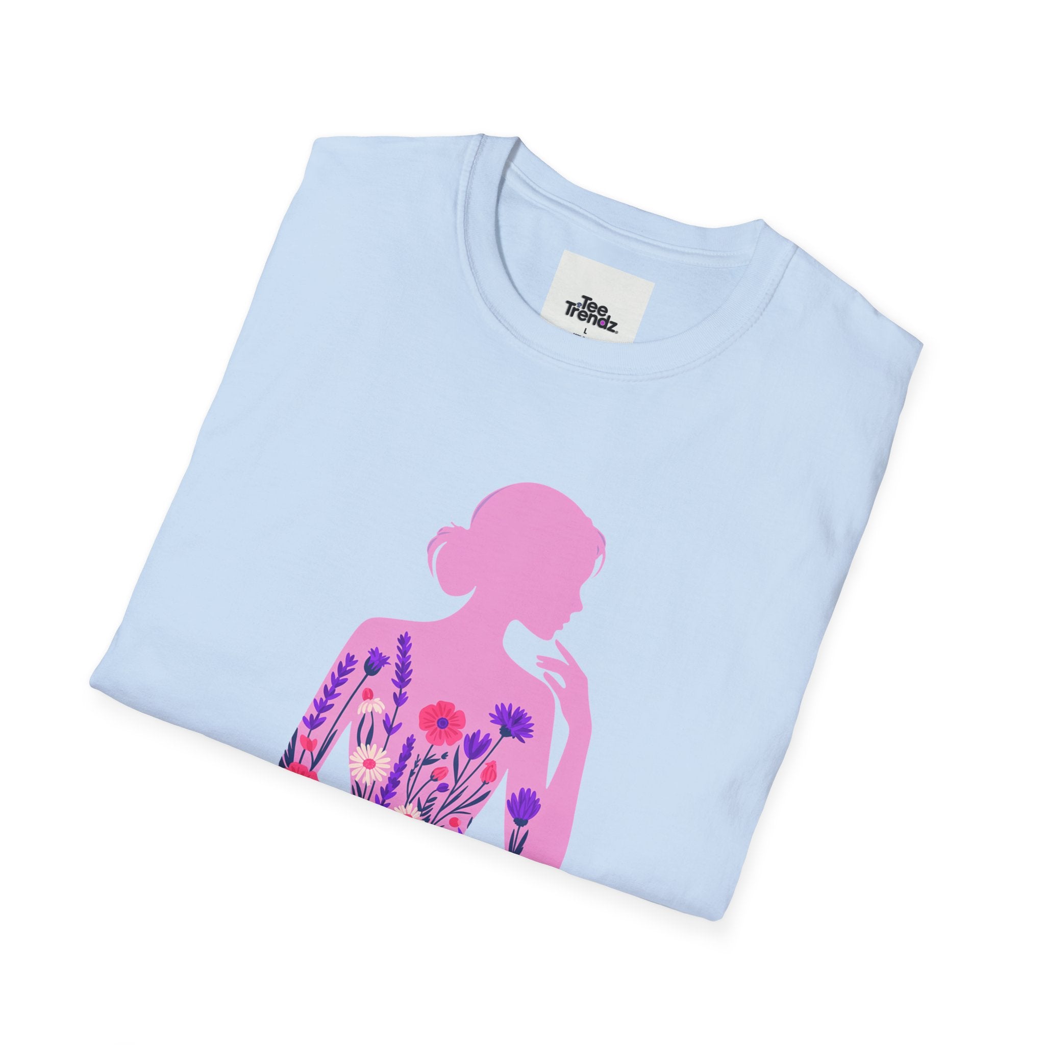 Floral Silhouette Tee — Pink Woman Dress Flower Graphic T-Shirt
