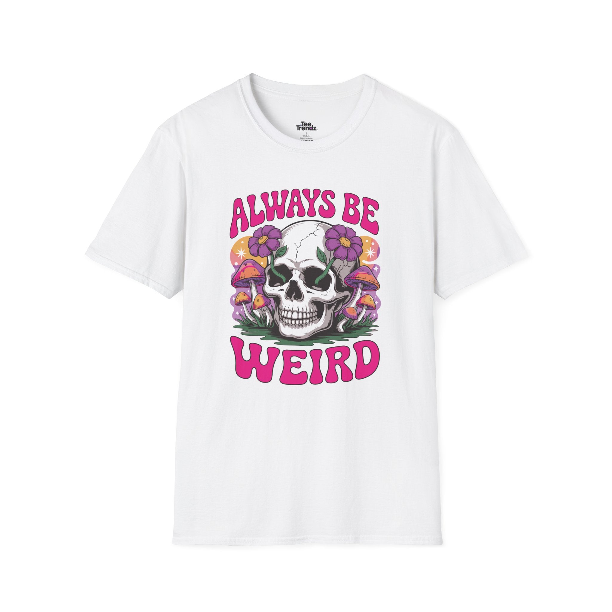 Skull & Mushrooms T-Shirt — "Always Be Weird" Retro Graphic Tee