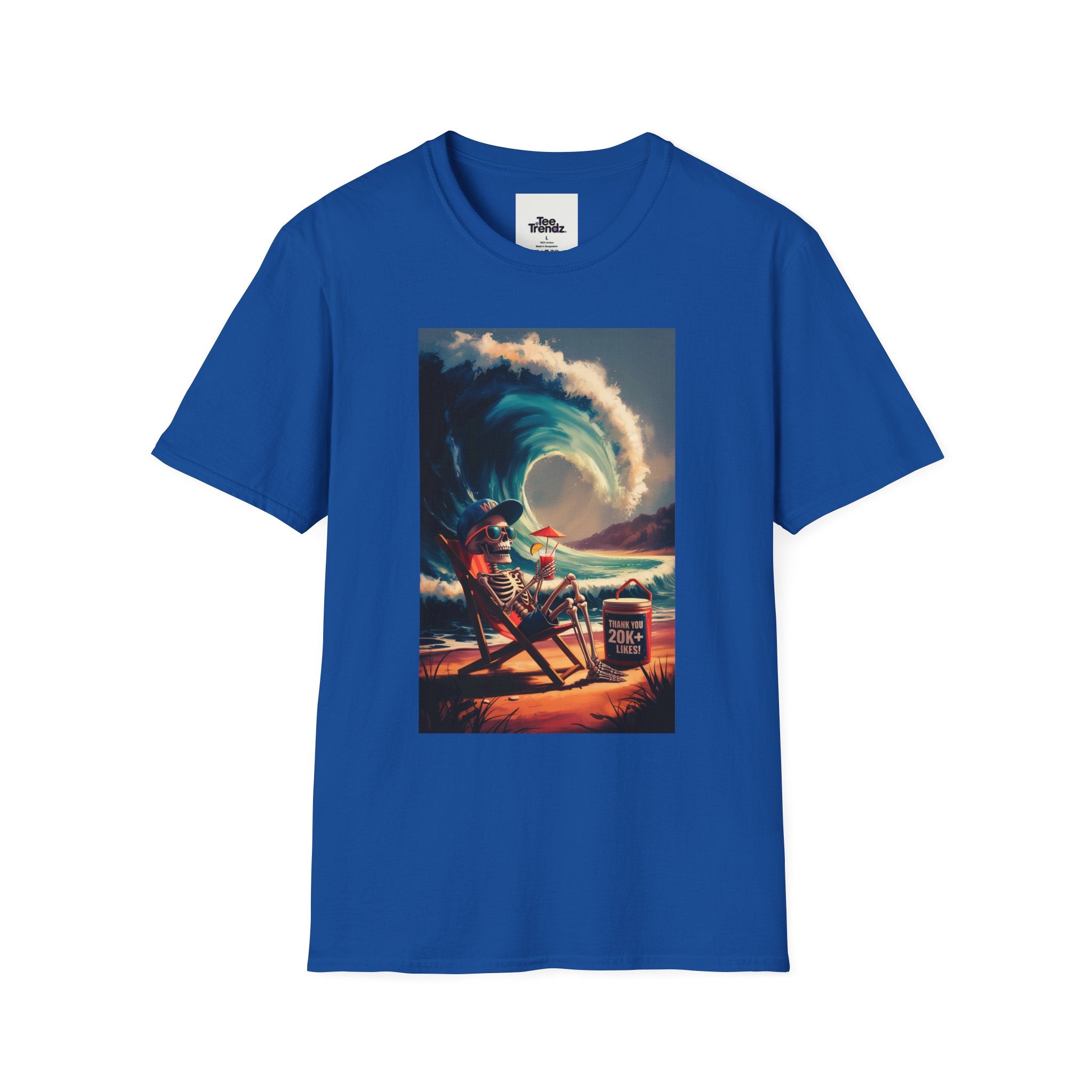 T-Shirt - Retro Beach Surf Scene with Giant Wave and Relaxing Skeleton (Vintage Coastal Vibe)