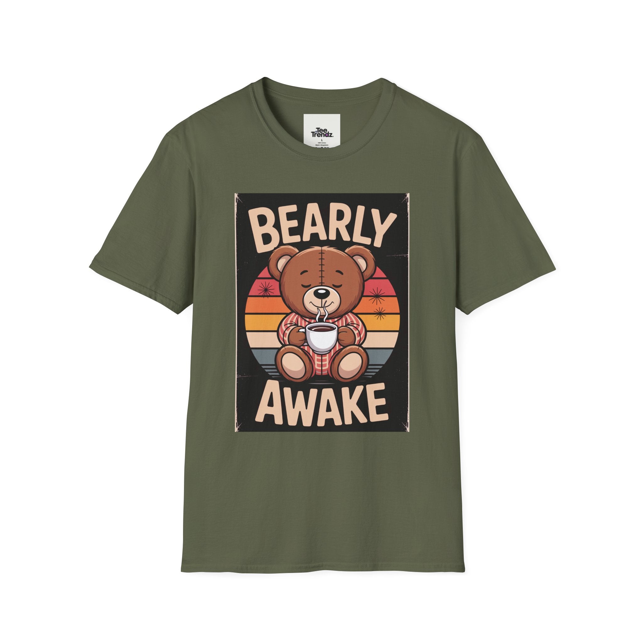 Bearly Awake T‑Shirt — Cute Coffee Bear Vintage Sunset Tee