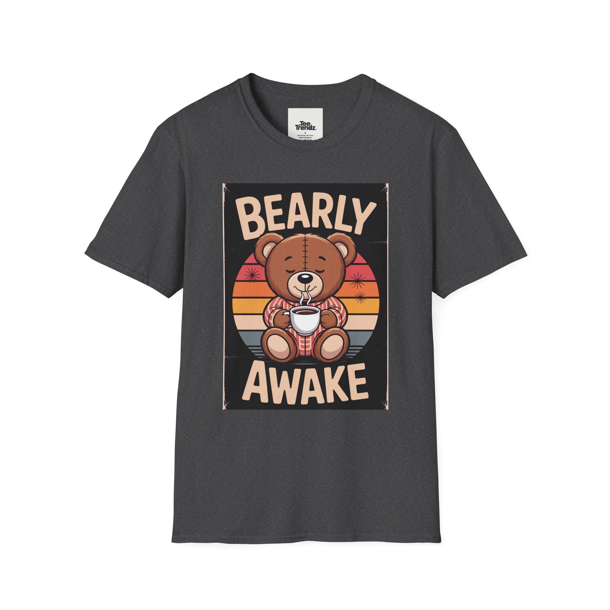 Bearly Awake T‑Shirt — Cute Coffee Bear Vintage Sunset Tee