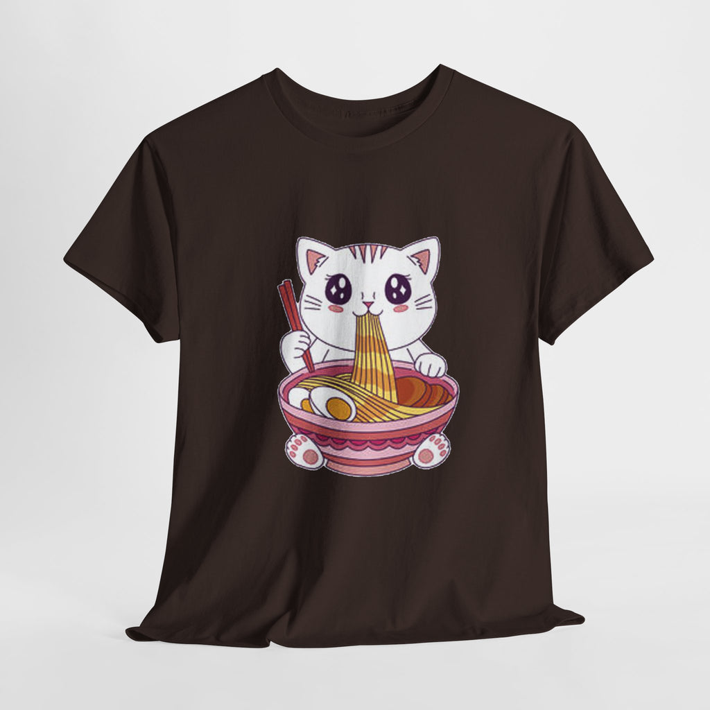 Cute Cat Ramen Tee – Kawaii Kitty Eating Noodles Graphic Shirt